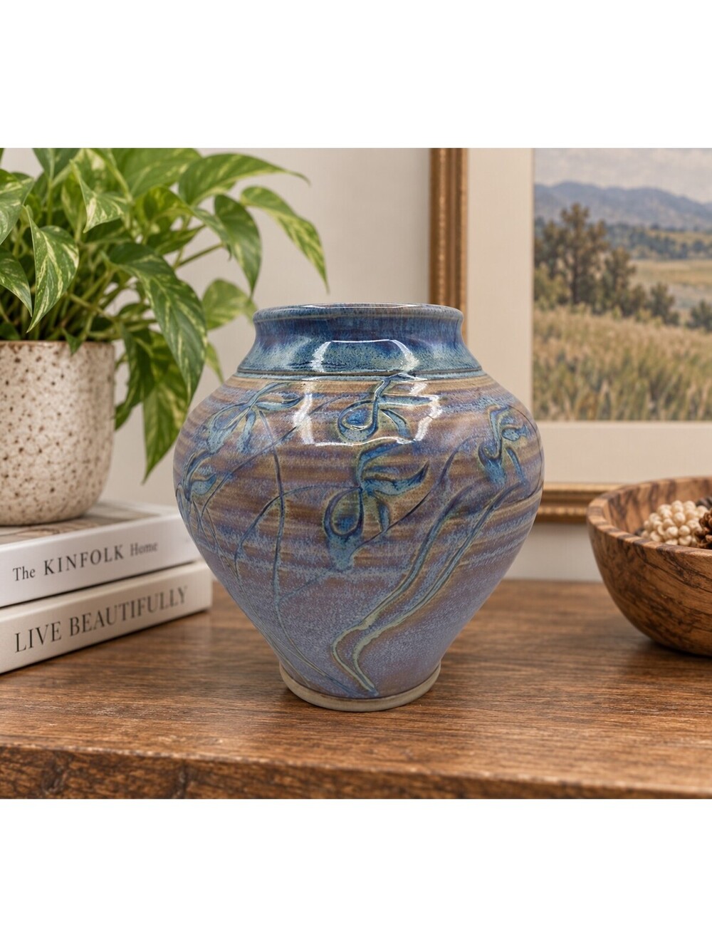 Peggy Steffes Montana Studio Pottery Vase Blue Purple Floral Signed Vintage